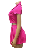 Summer Fashion Ribbed Knit Zipper Solid Color Lapel Top Pleated Short Skirt Two-piece Set
