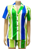 Green Summer Casual Striped Shirt Shorts Holiday Style Two-Piece Suit