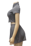 Summer Fashion Ribbed Knit Zipper Solid Color Lapel Top Pleated Short Skirt Two-piece Set