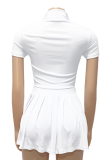 Summer Fashion Ribbed Knit Zipper Solid Color Lapel Top Pleated Short Skirt Two-piece Set