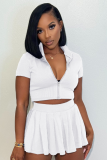 Summer Fashion Ribbed Knit Zipper Solid Color Lapel Top Pleated Short Skirt Two-piece Set