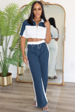 Denim Patchwork Stand Collar Zipper Top Wide Leg Pants Two Piece Set