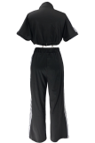 Denim Patchwork Stand Collar Zipper Top Wide Leg Pants Two Piece Set