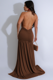 Temperament Halterneck V-Neck Long Skirt Sexy Slit Pleated Backless Dress
