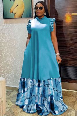 Sexy Pile Sleeves Large Size Printed Patchwork Dress