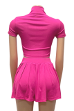 Summer Fashion Ribbed Knit Zipper Solid Color Lapel Top Pleated Short Skirt Two-piece Set