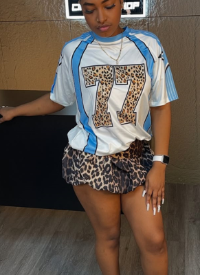 Loose Casual Contrast Color Leopard Print Short Sleeve Top