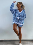 Casual Striped Long Sleeve V-Neck Loose Top Sports Shorts 2-Piece Set