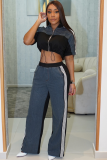 Denim Patchwork Stand Collar Zipper Top Wide Leg Pants Two Piece Set
