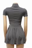 Summer Fashion Ribbed Knit Zipper Solid Color Lapel Top Pleated Short Skirt Two-piece Set