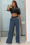 Denim Patchwork Stand Collar Zipper Top Wide Leg Pants Two Piece Set