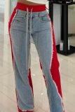 Denim Print Contrast Elastic Tie Street Casual Straight Trousers