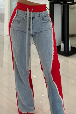 Denim Print Contrast Elastic Tie Street Casual Straight Trousers