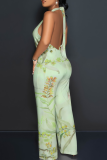 Printed Sleeveless V-Neck Halter Top Wide Leg Jumpsuit