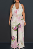 Printed Sleeveless V-Neck Halter Top Wide Leg Jumpsuit