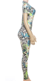 Green Fashion Street Round Neck Abstract Print Slim Fit Jumpsuit
