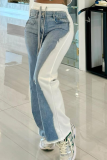 Denim Print Contrast Elastic Tie Street Casual Straight Trousers
