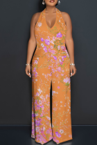 Printed Sleeveless V-Neck Halter Top Wide Leg Jumpsuit