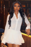 Solid Color Deep V-Neck Long Sleeve Slightly Transparent Short Pleated Dress