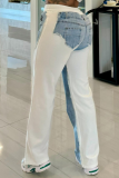 Denim Print Contrast Elastic Tie Street Casual Straight Trousers