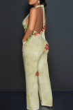 Printed Sleeveless V-Neck Halter Top Wide Leg Jumpsuit