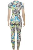 Green Fashion Street Round Neck Abstract Print Slim Fit Jumpsuit