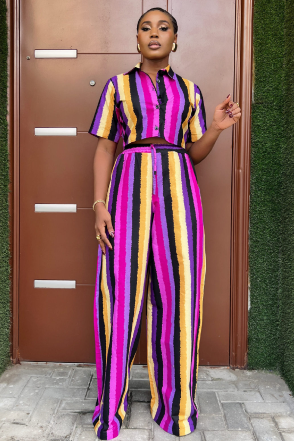 New Striped Short Sleeve Women's Fashion Printing Casual Loose Two-piece Suit