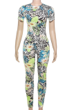 Green Fashion Street Round Neck Abstract Print Slim Fit Jumpsuit