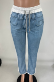 Denim Print Contrast Elastic Tie Street Casual Straight Trousers