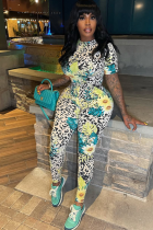 Green Fashion Street Round Neck Abstract Print Slim Fit Jumpsuit