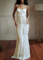 Sexy Backless Suspender Dress With Pleated Lace Floor-length Skirt