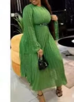 Fashionable Personality Green Round Neck A-line Long Sleeve Dress