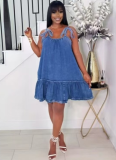 Fashionable Stitching Suspender Strap Washed Denim Dress