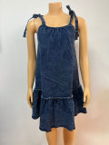 Fashionable Stitching Suspender Strap Washed Denim Dress