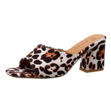Leopard High Heel Slippers Female Square Toe Slide Flip Flop Sandle Women