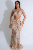Sleeveless One-Shoulder Cropped Top With Sexy Hip Skirt Two-Piece Set