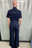 Blue Loose Elastic Flared Short-Sleeved Denim Jumpsuit