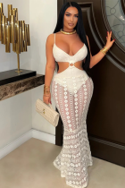 White Sexy Suspender V-Neck Lace See-Through Hip Dress