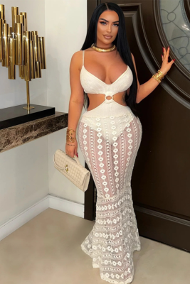 White Sexy Suspender V-Neck Lace See-Through Hip Dress