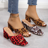 Leopard High Heel Slippers Female Square Toe Slide Flip Flop Sandle Women
