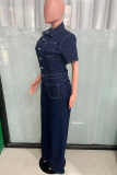 Blue Loose Elastic Flared Short-Sleeved Denim Jumpsuit