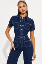 Blue Loose Elastic Flared Short-Sleeved Denim Jumpsuit