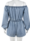 Blue Sexy Denim Washed Short Chest Wrap Elastic Waist Jumpsuit