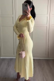 Yellow Lapel Fashionable Multi-Button Slim Fit Knitted Long Dress