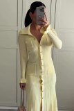 Yellow Lapel Fashionable Multi-Button Slim Fit Knitted Long Dress
