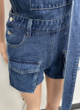 Blue Sexy Washed Denim Loose Multi-Pocket Overalls