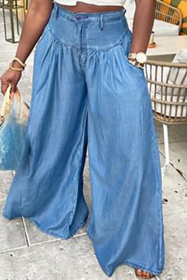 Blue Casual Personality Street Fashion Straight Wide Leg Women'S High Waist Pants