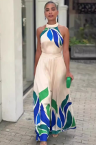 Blue Printed Sexy Sleeveless Flared Jumpsuit