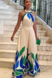 Blue Printed Sexy Sleeveless Flared Jumpsuit