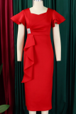 Fashionable And Elegant Ruffled Solid Color Hip Dress
